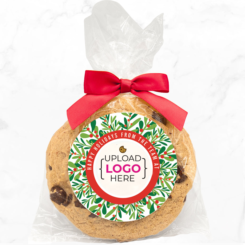 Wreath Logo Upload & Message - Gourmet Chocolate Chip Or Variety Pack W/ Full Color Personalized Sticker w/ Gift Bag & Matching Bow