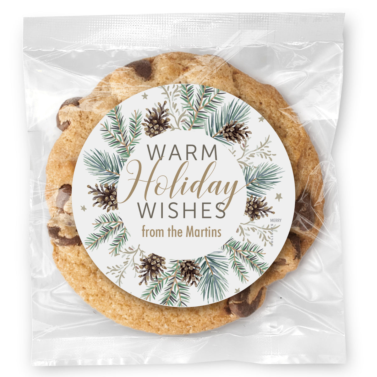 Warm Wishes Pine wreath - Gourmet Chocolate Chip Or Variety Pack W/ Full Color Personalized Sticker