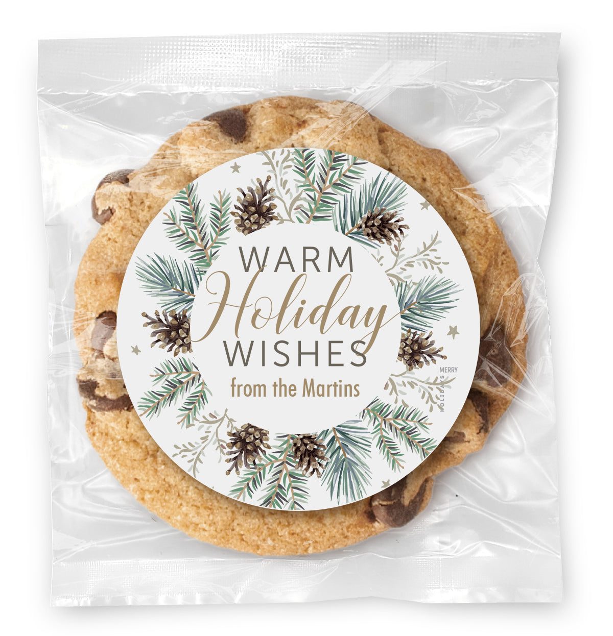 Warm Wishes Pine wreath - Gourmet Chocolate Chip Or Variety Pack W/ Full Color Personalized Sticker