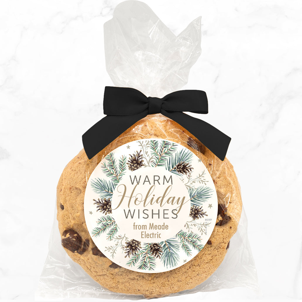 Warm Wishes Pine wreath - Gourmet Chocolate Chip Or Variety Pack W/ Full Color Personalized Sticker w/ Gift Bag & Matching Bow