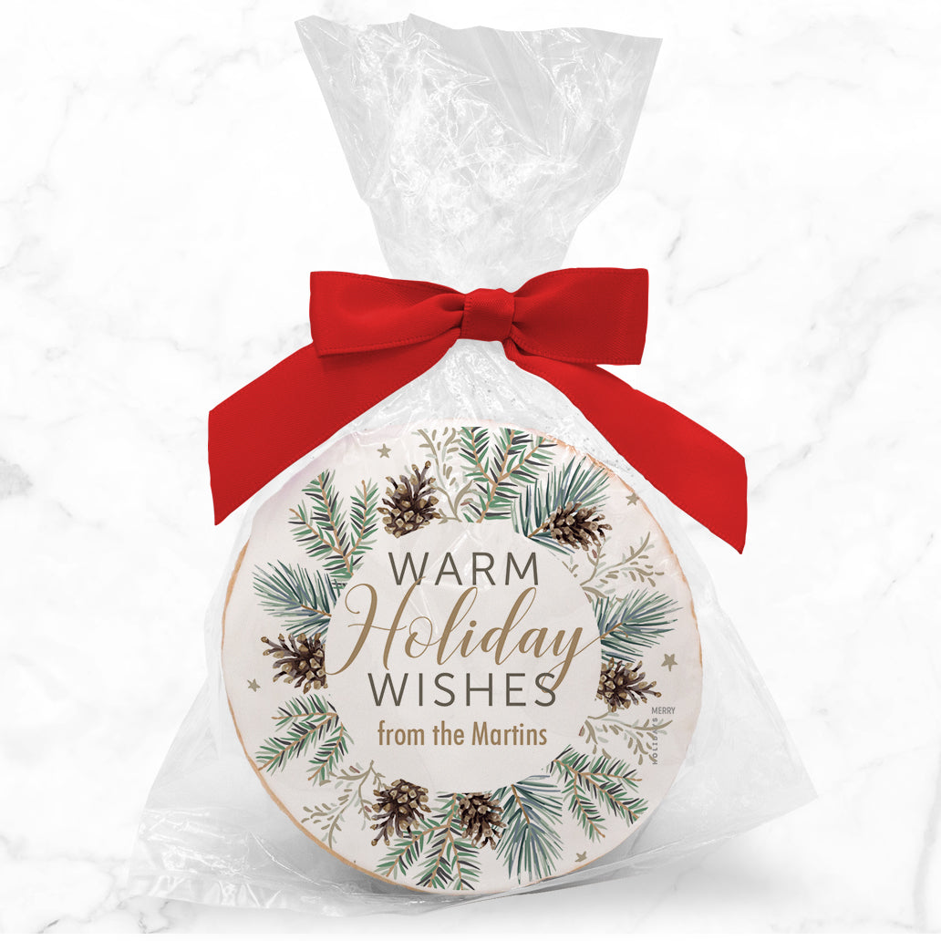 Warm Wishes Pine wreath - Personalized Direct Print On Round Sugar Cookie w/ Gift Bag & Matching Bow