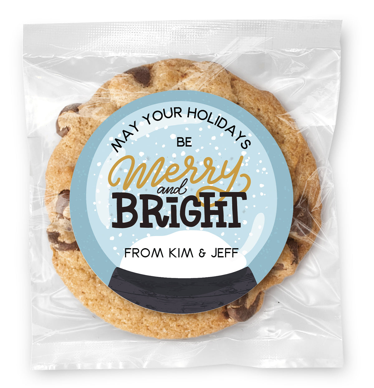 Merry & Bright Snow Globe - Gourmet Chocolate Chip Or Variety Pack W/ Full Color Personalized Sticker