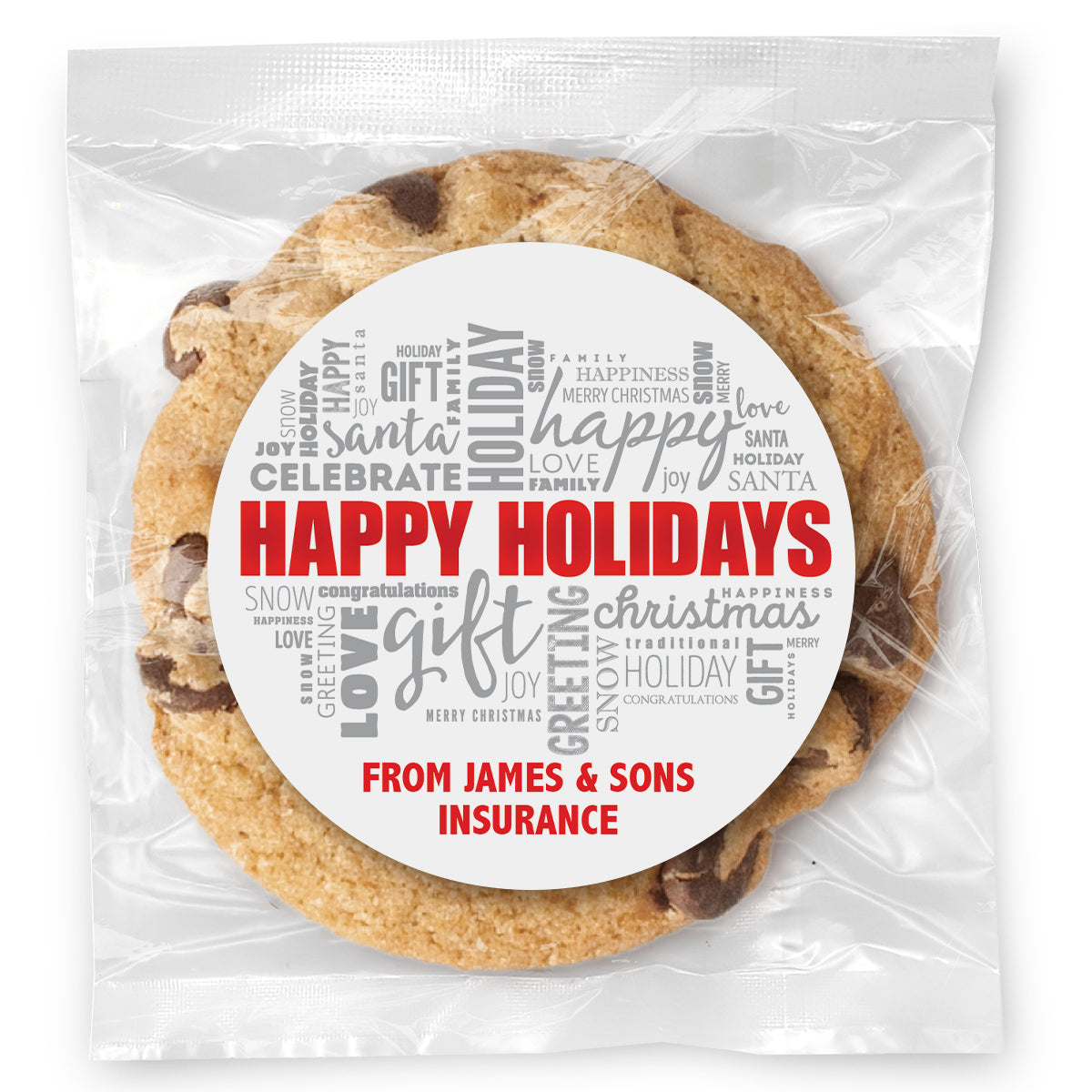 Happy Holiday Words - Gourmet Chocolate Chip Or Variety Pack W/ Full Color Personalized Sticker