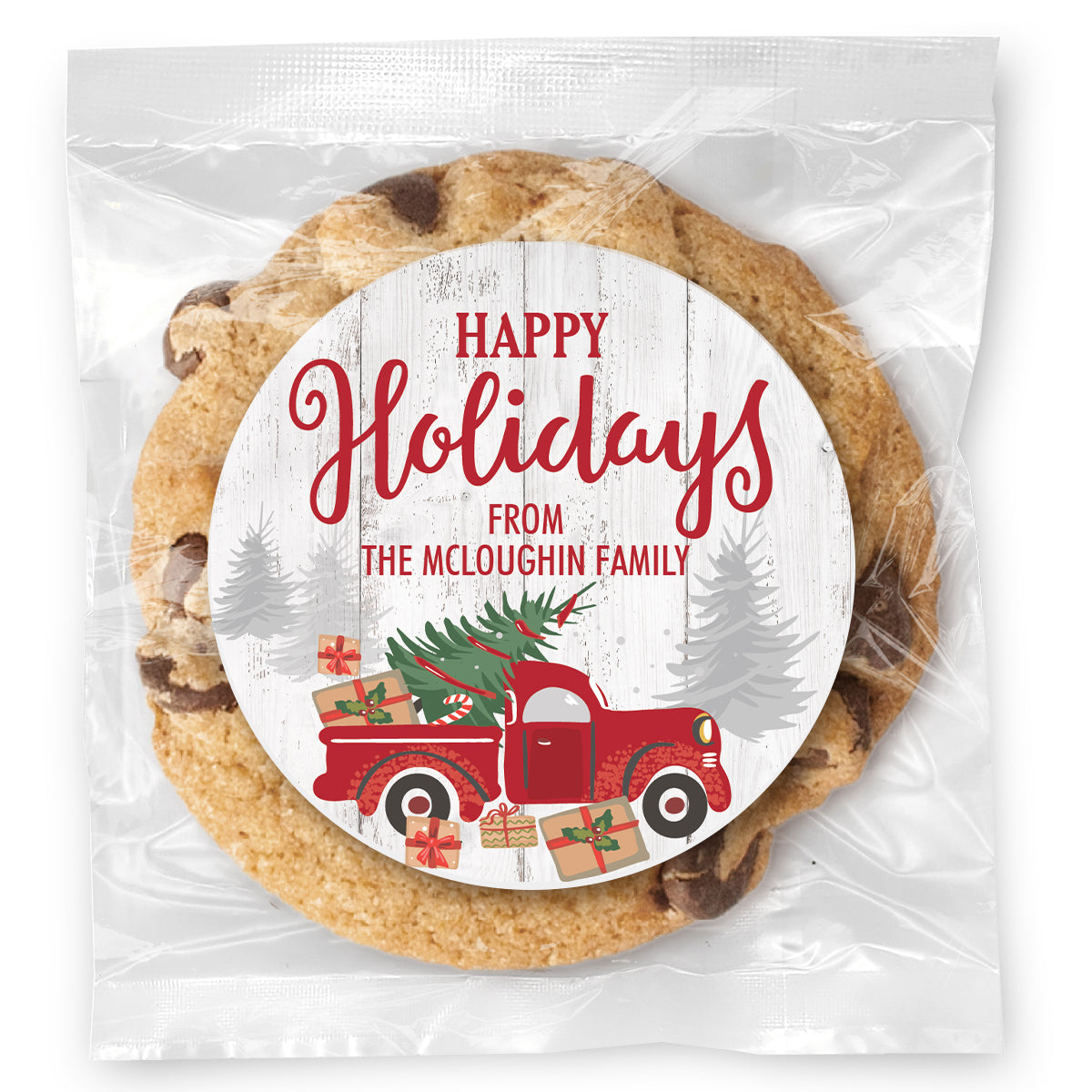 Happy Holidays Red Truck - Gourmet Chocolate Chip Or Variety Pack W/ Full Color Personalized Sticker