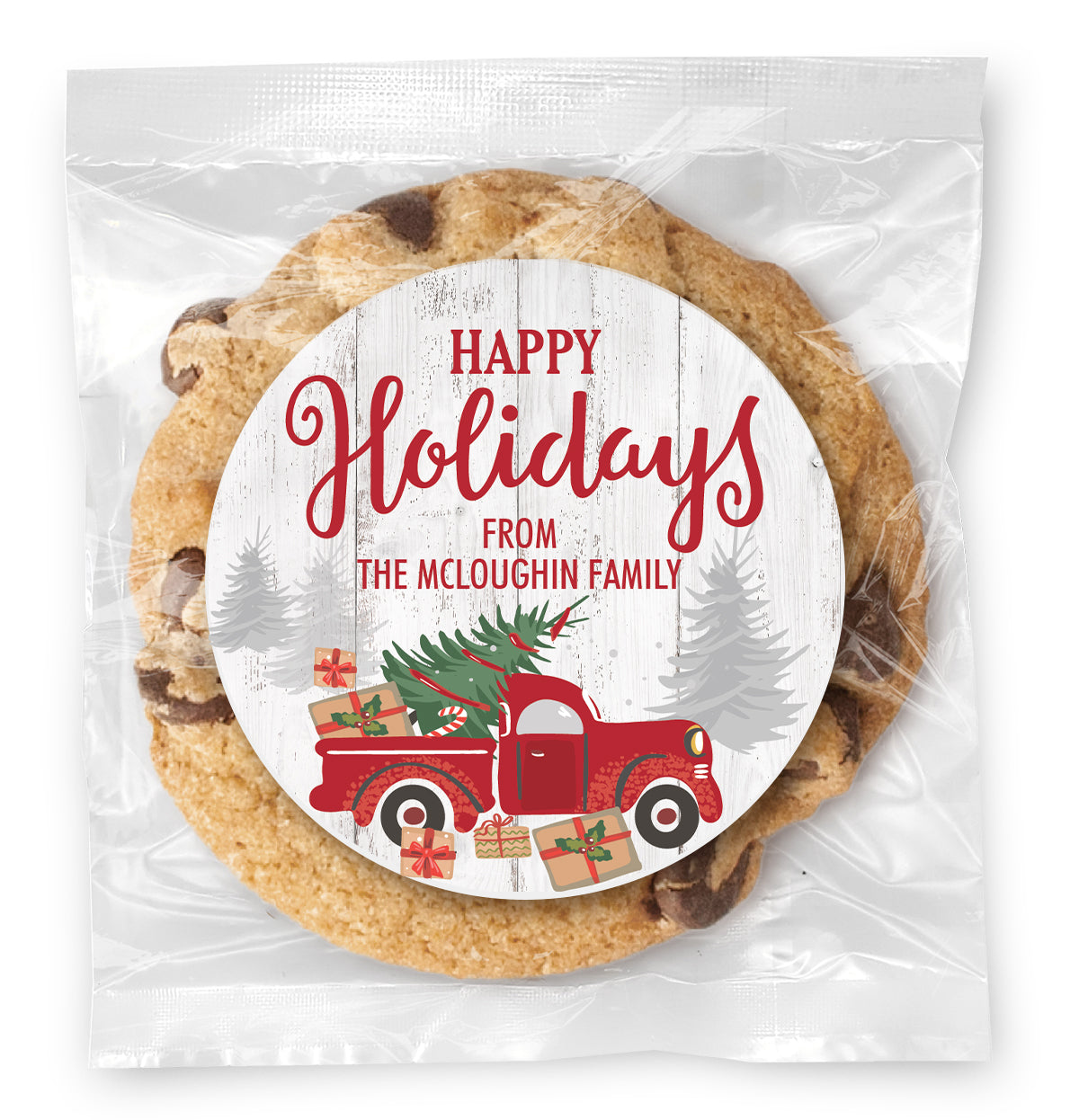 Happy Holidays Red Truck - Gourmet Chocolate Chip Or Variety Pack W/ Full Color Personalized Sticker