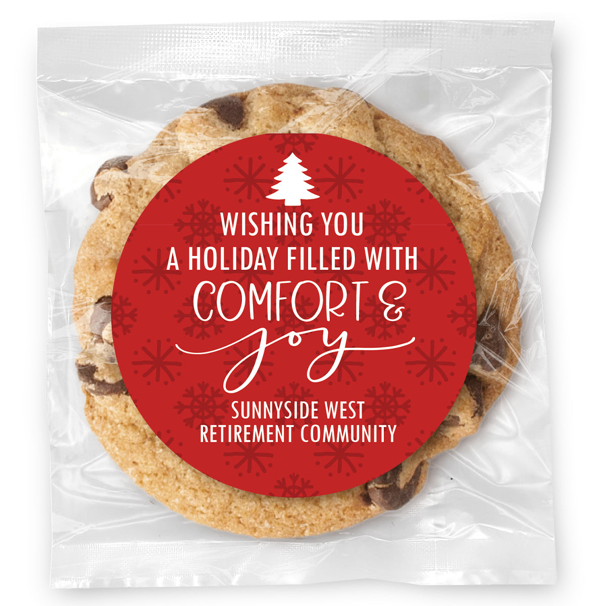 Comfort and Joy Snowflakes - Gourmet Chocolate Chip Or Variety Pack W/ Full Color Personalized Sticker