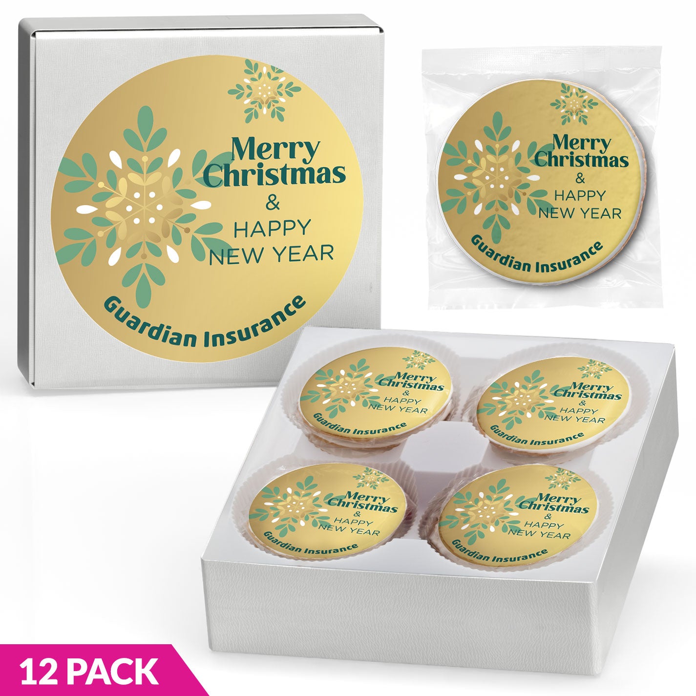 Merry Christmas & Happy New Year Snowflake - Personalized Direct Print on Round Sugar Cookie Gift Box