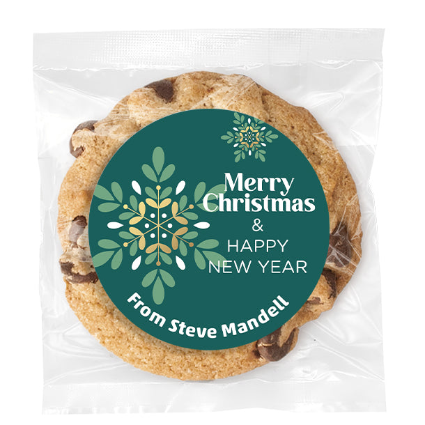 Merry Christmas & Happy New Year Snowflake - Gourmet Chocolate Chip Or Variety Pack W/ Full Color Personalized Sticker