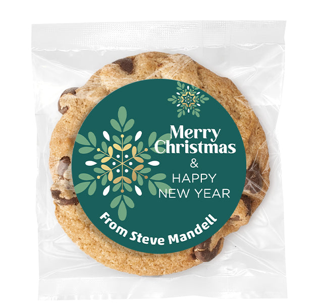 Merry Christmas & Happy New Year Snowflake - Gourmet Chocolate Chip Or Variety Pack W/ Full Color Personalized Sticker