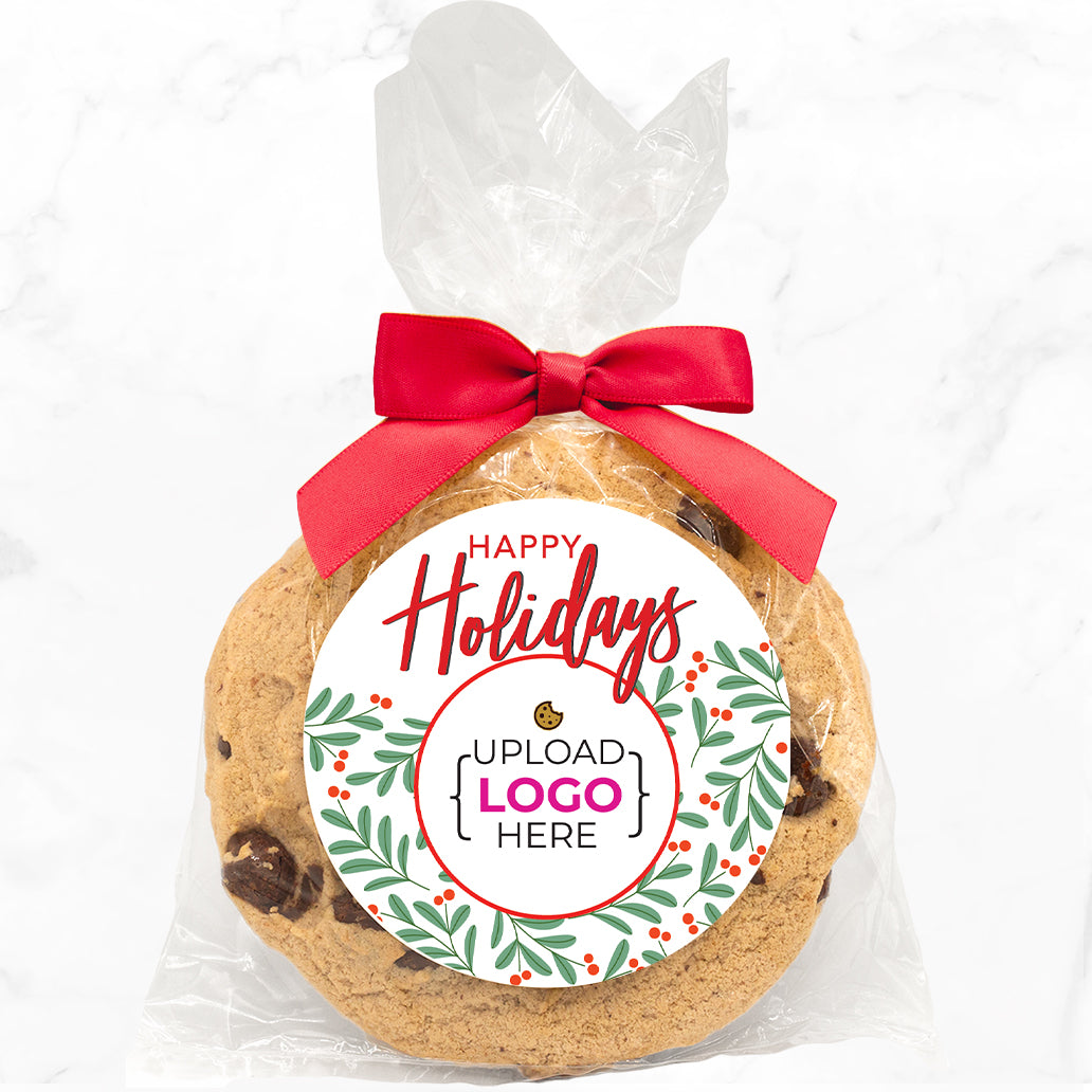 Happy Holidays Berry leaves Logo Upload - Gourmet Chocolate Chip Or Variety Pack W/ Full Color Personalized Sticker w/ Gift Bag & Matching Bow