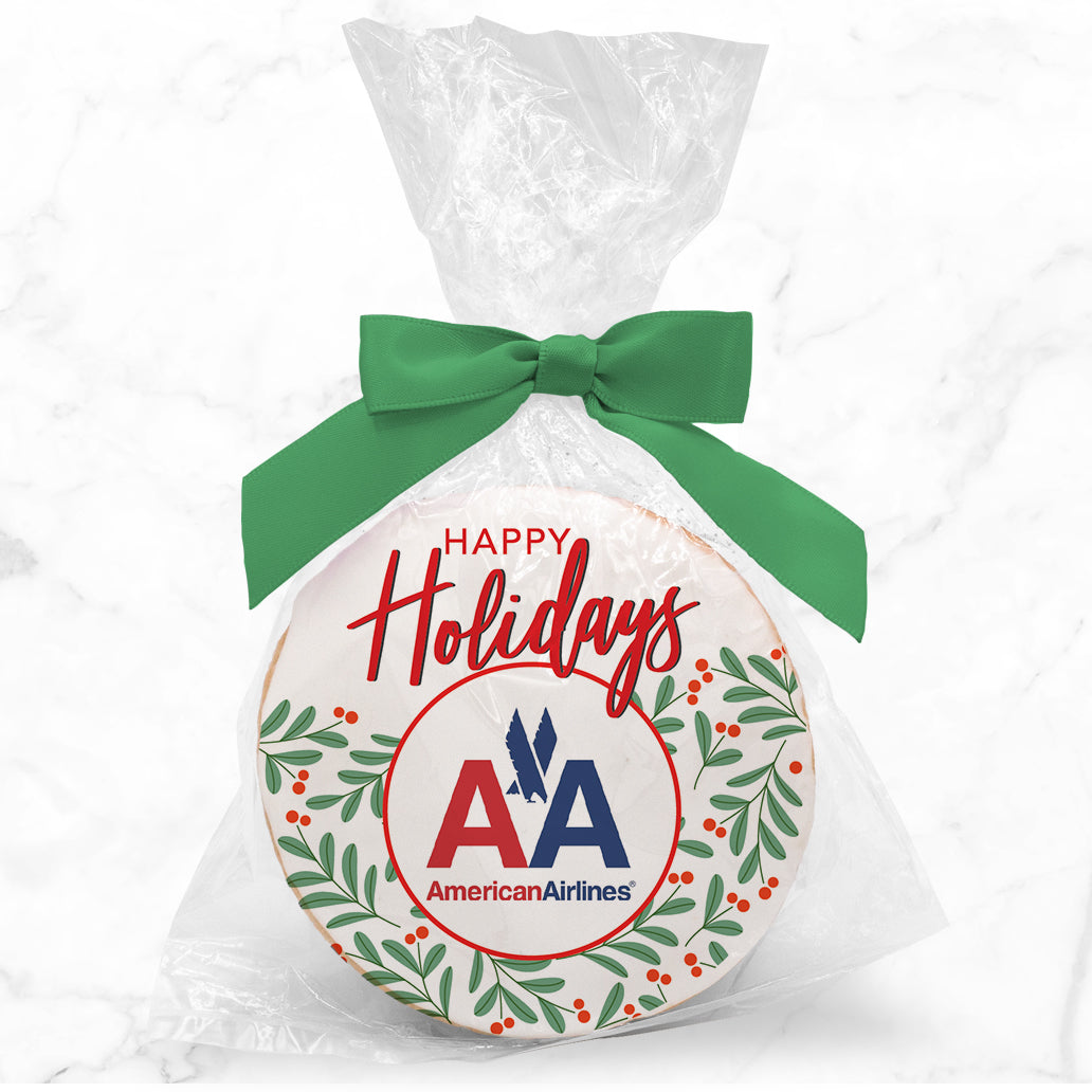 Happy Holidays Berry leaves Logo Upload - Personalized Direct Print On Round Sugar Cookie w/ Gift Bag & Matching Bow