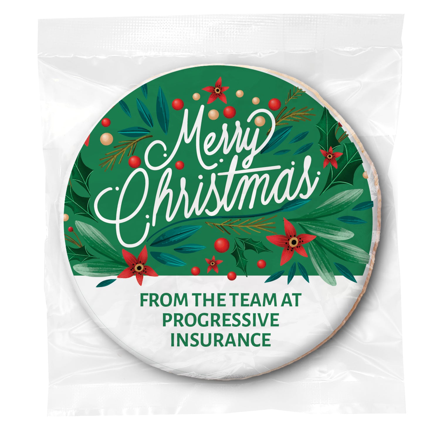 Merry Christmas Leaves and Poinsettias - Personalized Direct Print On Round Sugar Cookie