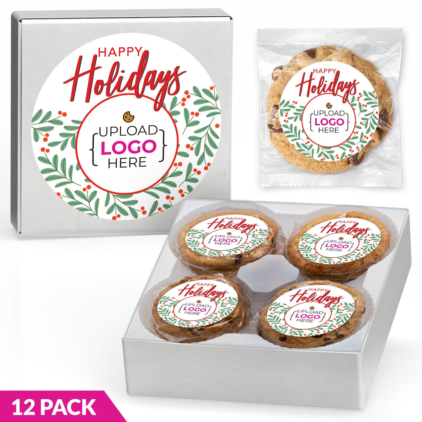 Happy Holidays Berry leaves Logo Upload - Gourmet Chocolate Chip or Variety Pack w/ Full Color Personalized Sticker Gift Box