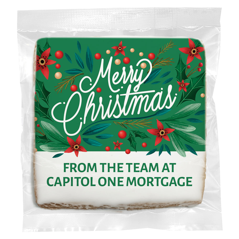 Merry Christmas Leaves & Poinsettias - Personalized Direct Print On Square Sugar Cookie