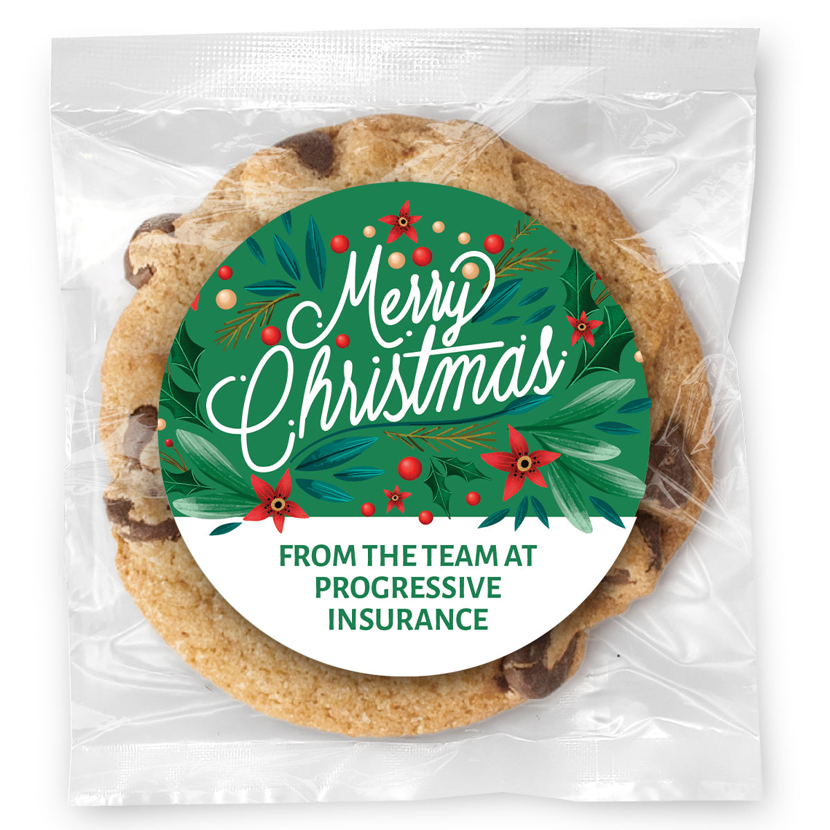 Merry Christmas Leaves and Poinsettias - Gourmet Chocolate Chip Or Variety Pack W/ Full Color Personalized Sticker