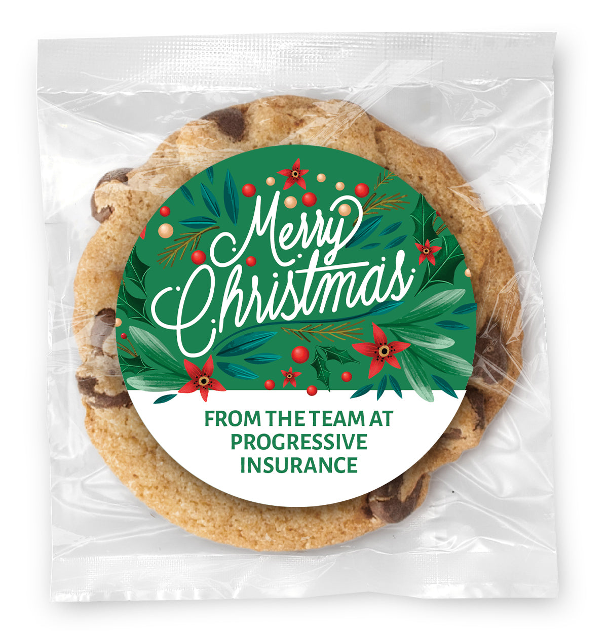 Merry Christmas Leaves and Poinsettias - Gourmet Chocolate Chip Or Variety Pack W/ Full Color Personalized Sticker