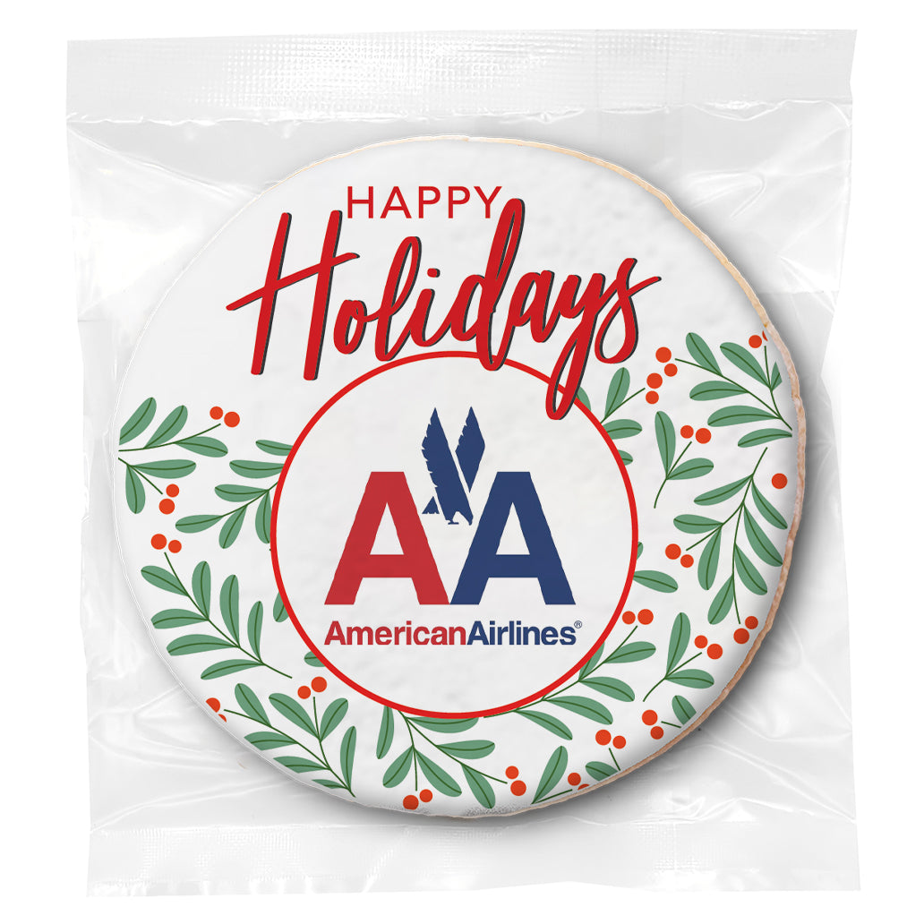 Happy Holidays Berry leaves Logo Upload- Personalized Direct Print On Round Sugar Cookie