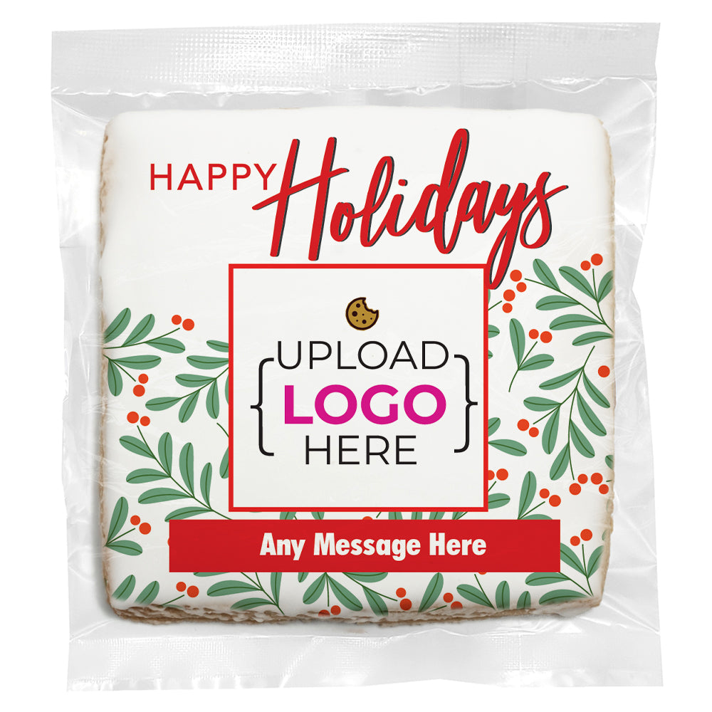 Happy Holidays Berry leaves Logo Upload - Personalized Direct Print On Square Sugar Cookie