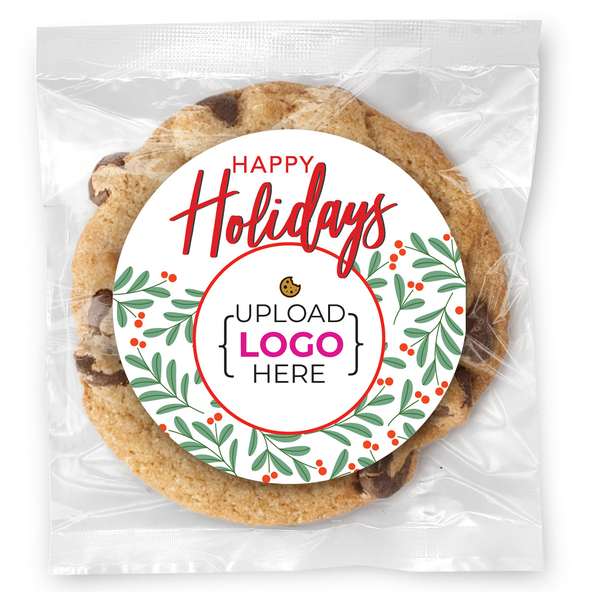 Happy Holidays Berry leaves Logo Upload - Gourmet Chocolate Chip Or Variety Pack W/ Full Color Personalized Sticker