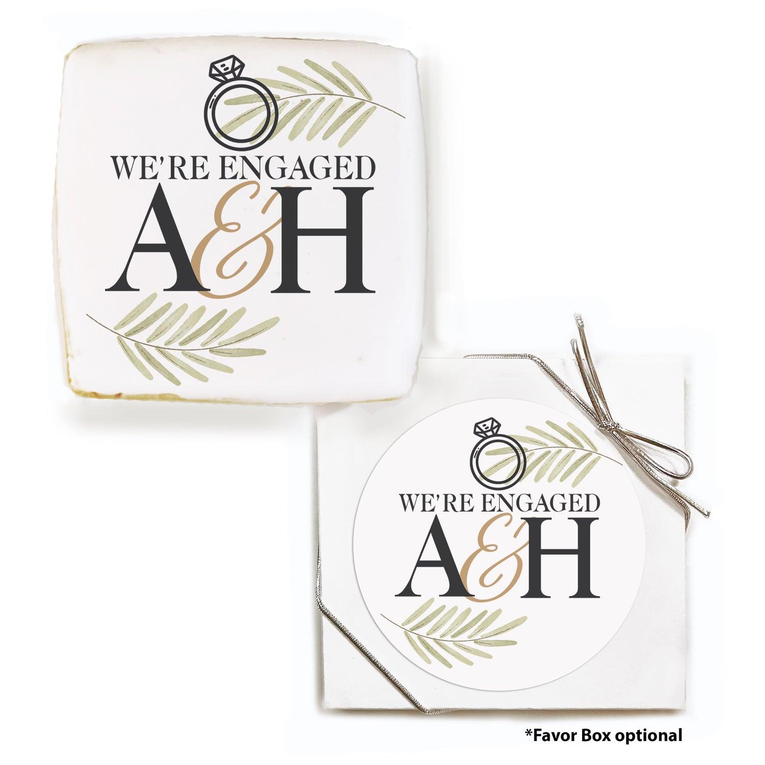 We're Engaged Ring - Personalized Direct Print on Square Sugar Cookies