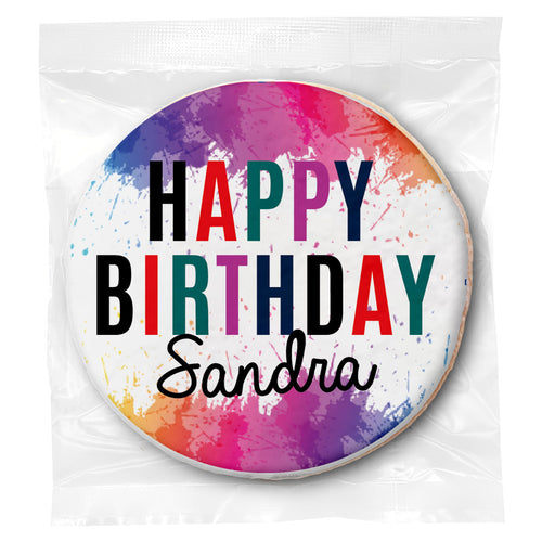 Happy Birthday Splatter - Personalized Direct Print On Round Sugar Cookie