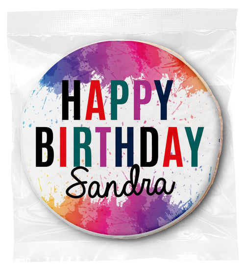 Happy Birthday Splatter - Personalized Direct Print On Round Sugar Cookie