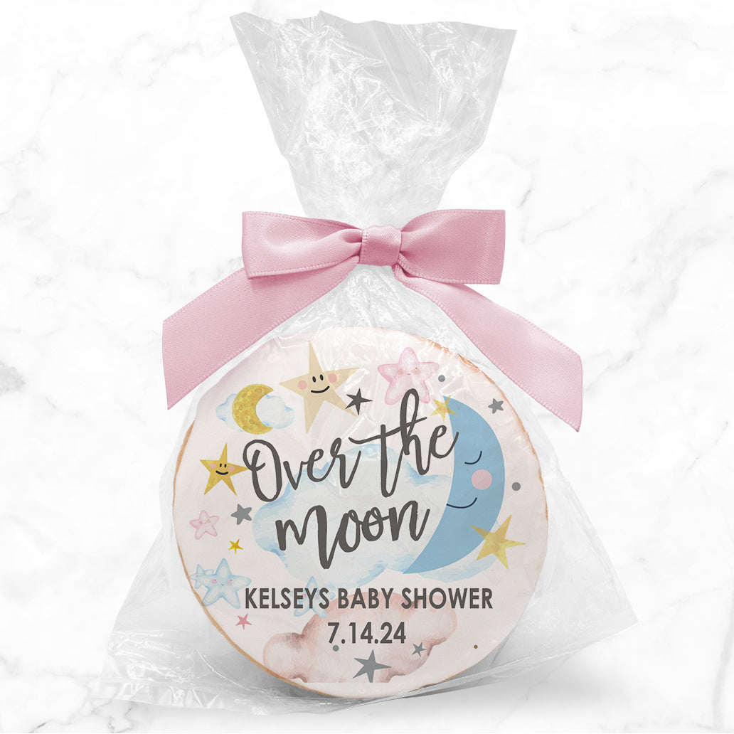 Over the Moon Baby Shower - Personalized Direct Print On Round Sugar Cookie w/ Gift Bag & Matching Bow