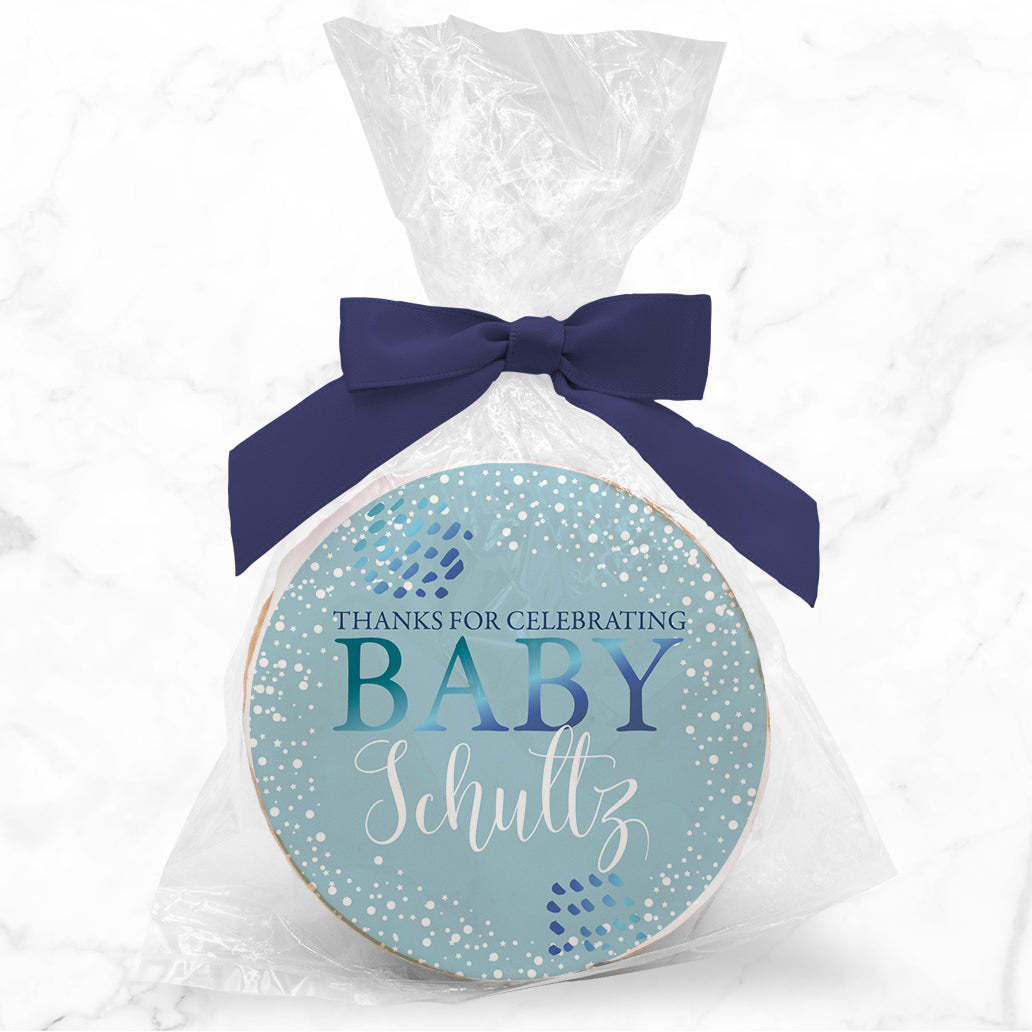 Celebrating Baby Blue  - Personalized Direct Print On Round Sugar Cookie w/ Gift Bag & Matching Bow