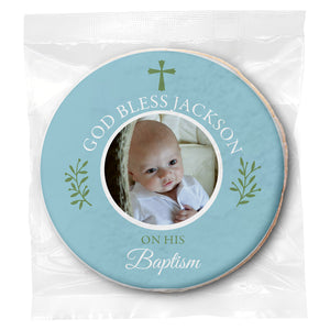 Baptism Simple Cross Photo - Blue - Personalized Direct Print On Round Sugar Cookie