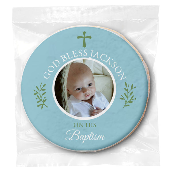 Baptism Simple Cross Photo - Blue - Personalized Direct Print On Round Sugar Cookie