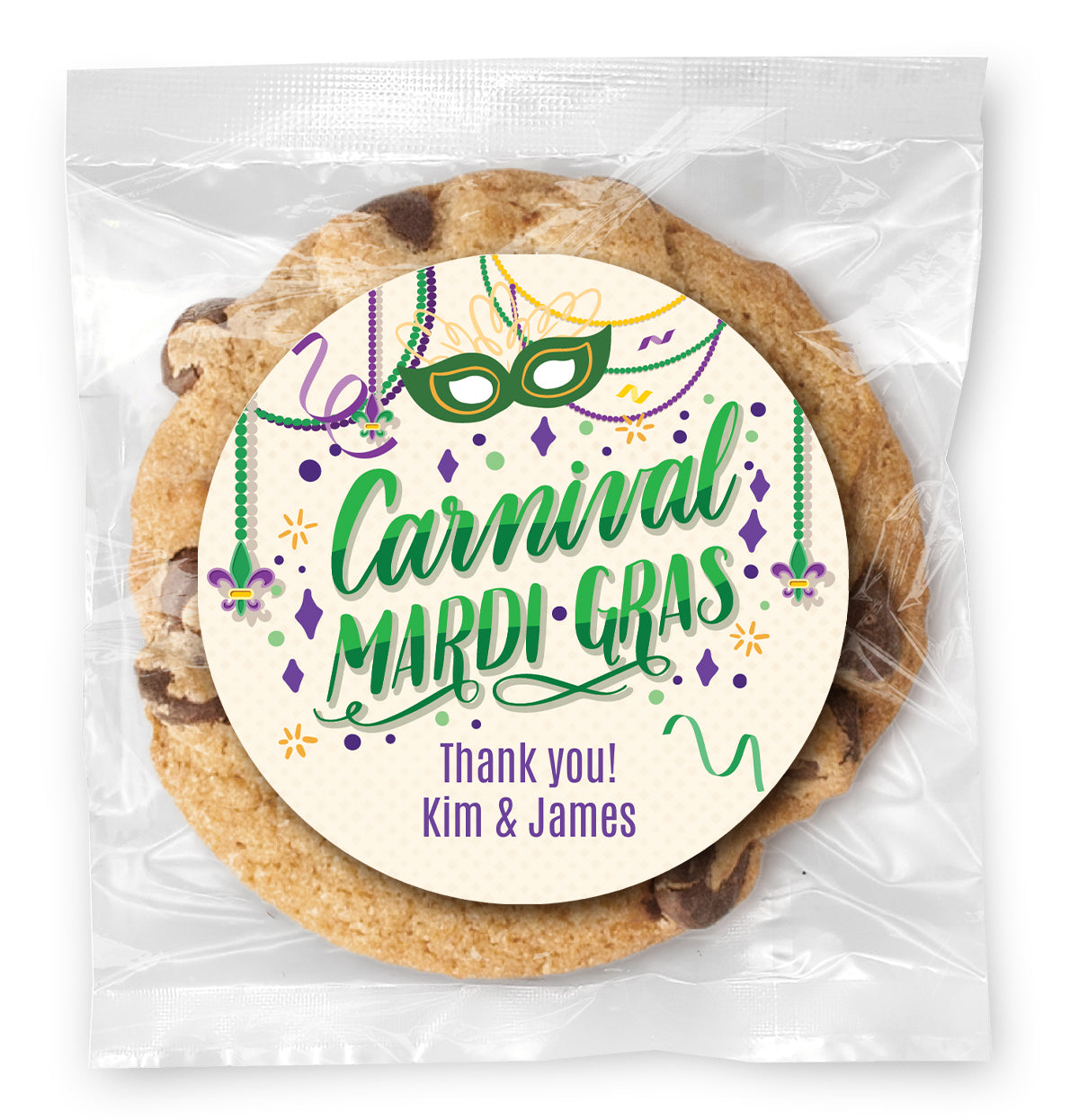 Carnival Mardi Gras - Gourmet Chocolate Chip Or Variety Pack W/ Full Color Personalized Sticker