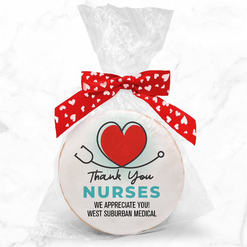 Thank You Nurses Heart Stethoscope - Personalized Direct Print On Round Sugar Cookie w/ Gift Bag & Matching Bow