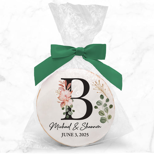 Muted Floral Monogram - Personalized Direct Print On Round Sugar Cookie w/ Gift Bag & Matching Bow