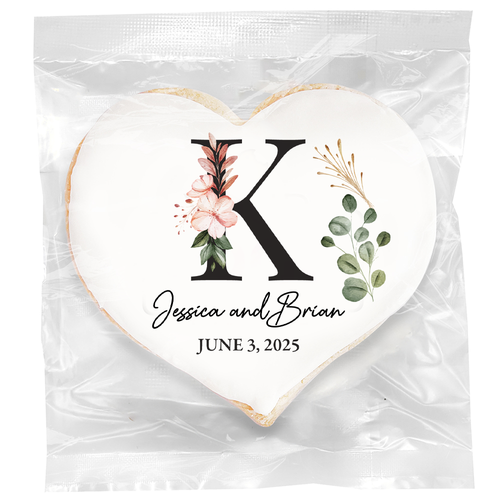 Muted Floral Monogram  - Personalized Direct Print On Heart Sugar Cookie
