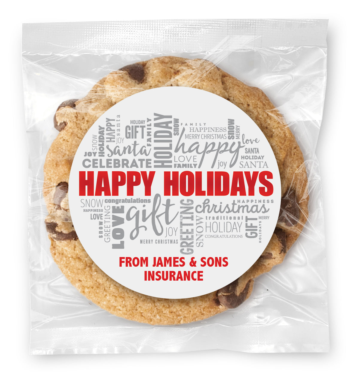 Happy Holiday Words - Gourmet Chocolate Chip Or Variety Pack W/ Full Color Personalized Sticker