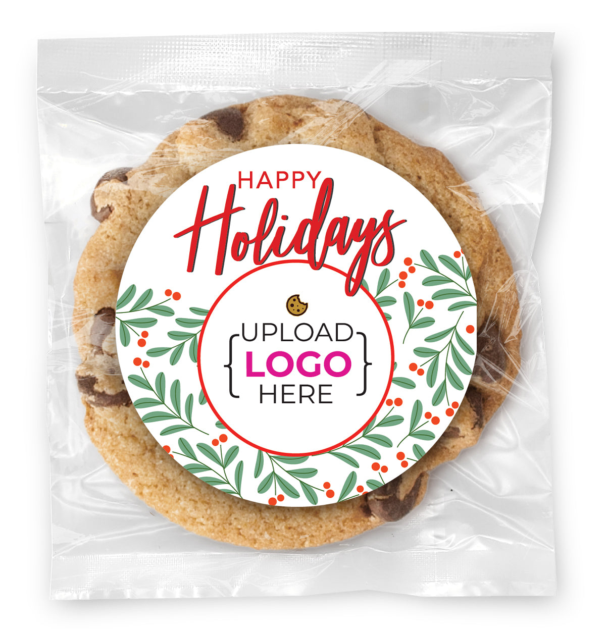 Happy Holidays Berry leaves Logo Upload - Gourmet Chocolate Chip Or Variety Pack W/ Full Color Personalized Sticker